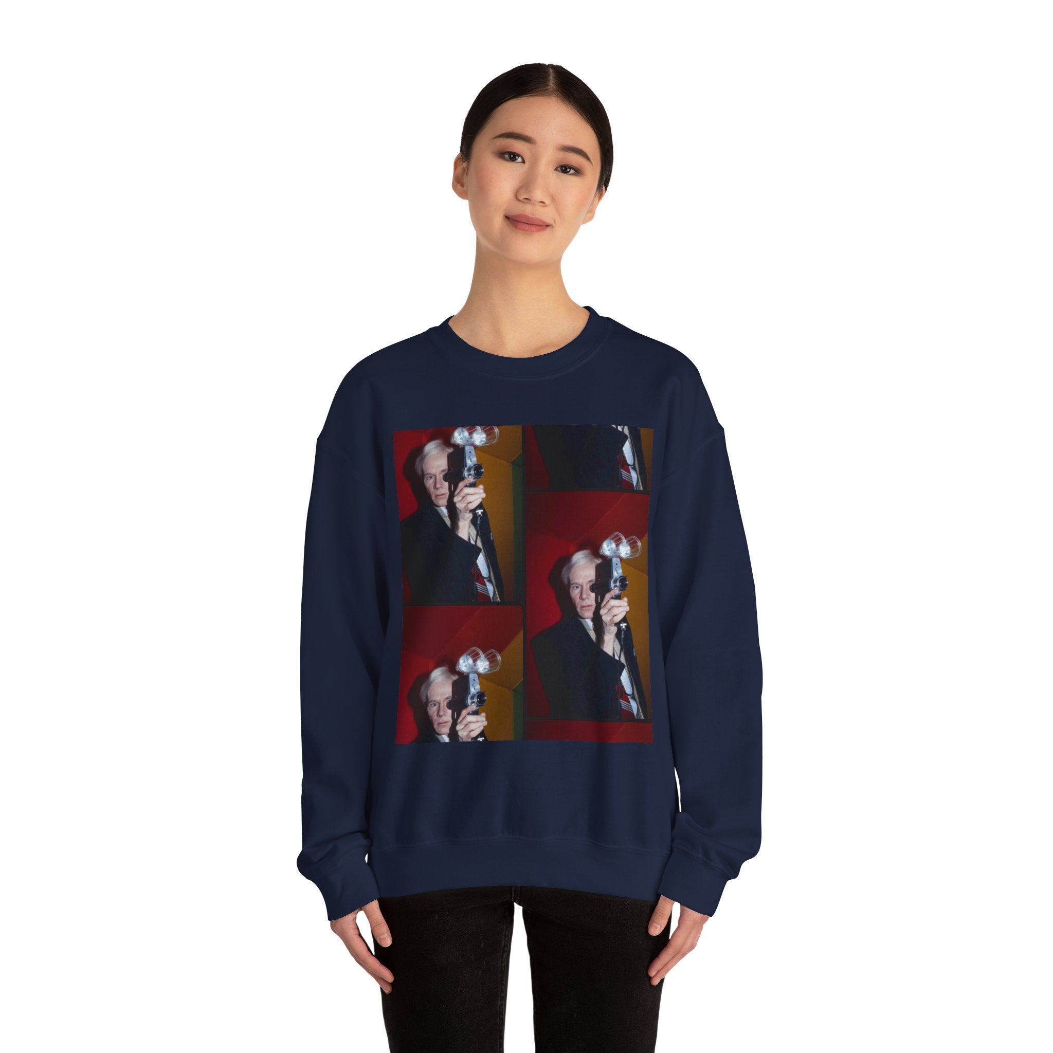 Crewneck Sweatshirt with Vintage Andy Warhol Camera Pop Art — Retro Photographer Portrait Design