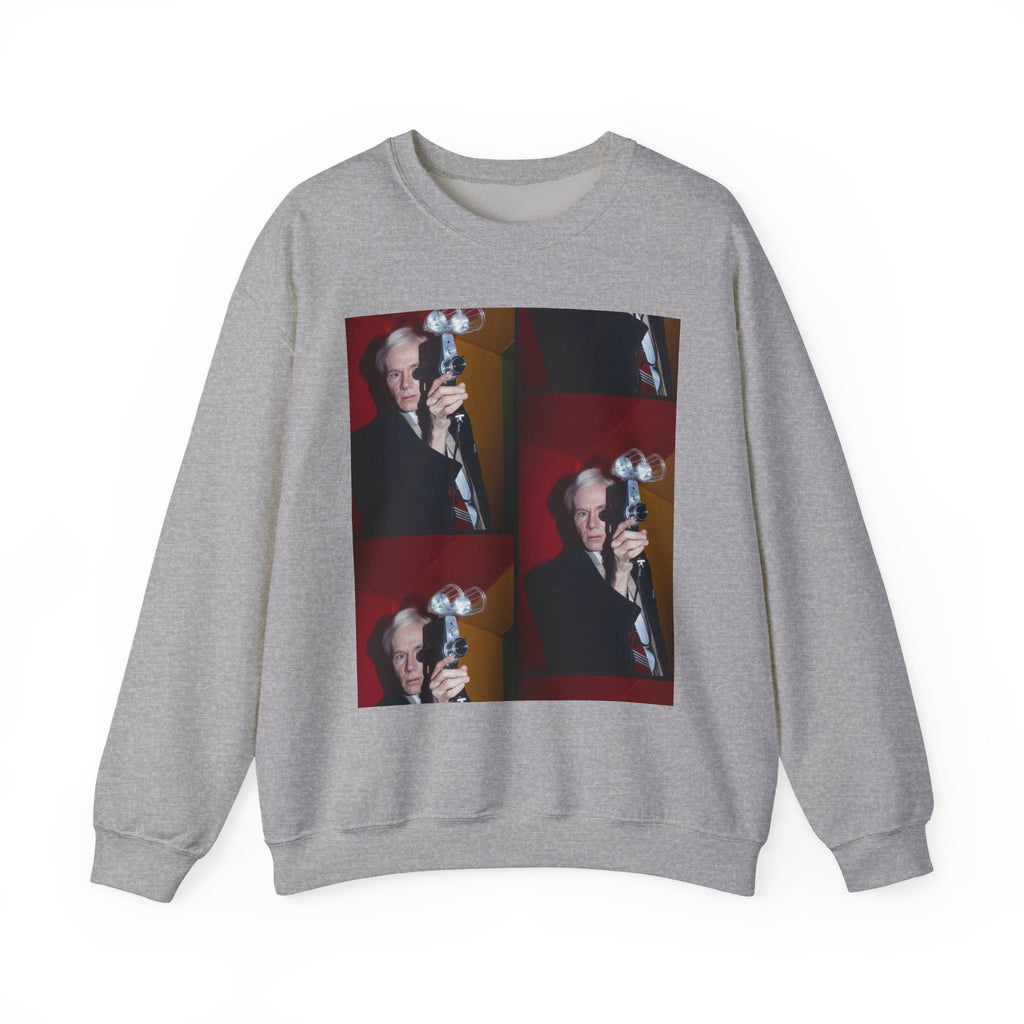 Crewneck Sweatshirt with Vintage Andy Warhol Camera Pop Art — Retro Photographer Portrait Design