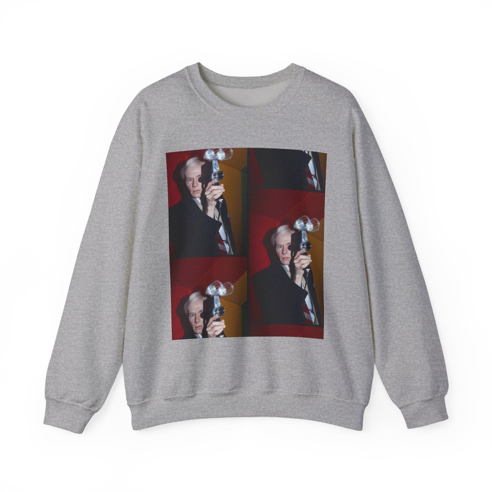 Crewneck Sweatshirt with Vintage Andy Warhol Camera Pop Art — Retro Photographer Portrait Design