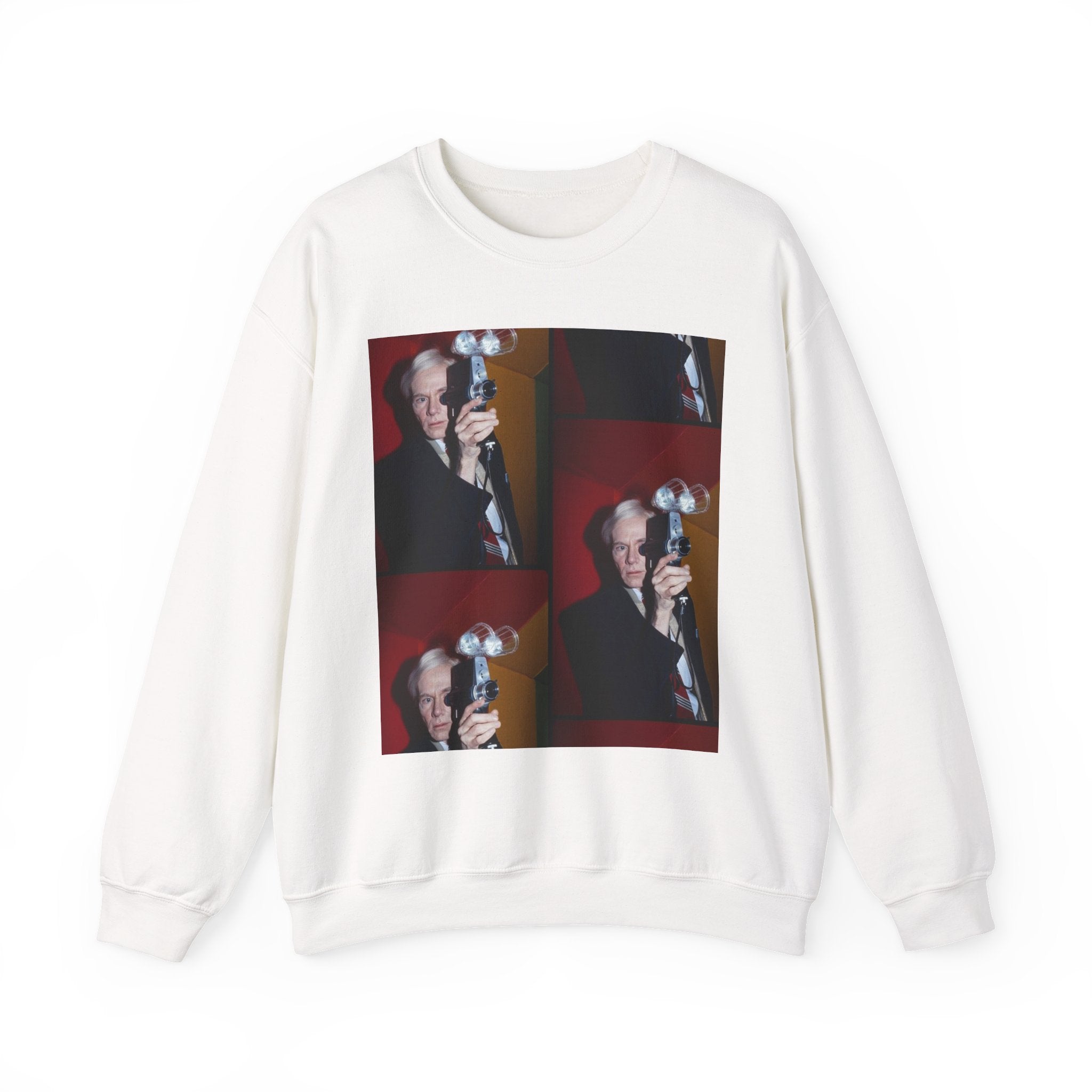 Crewneck Sweatshirt with Vintage Andy Warhol Camera Pop Art — Retro Photographer Portrait Design