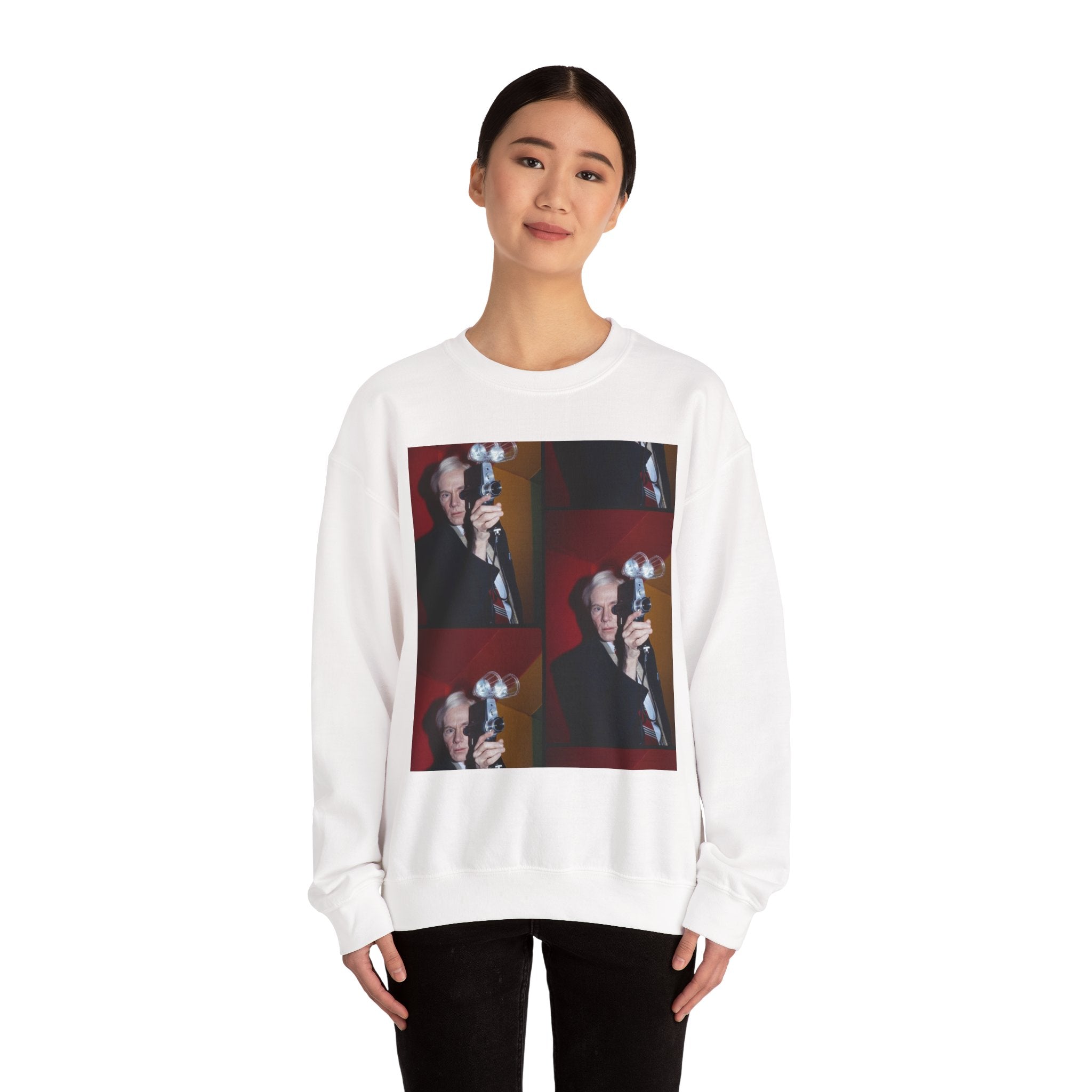 Crewneck Sweatshirt with Vintage Andy Warhol Camera Pop Art — Retro Photographer Portrait Design