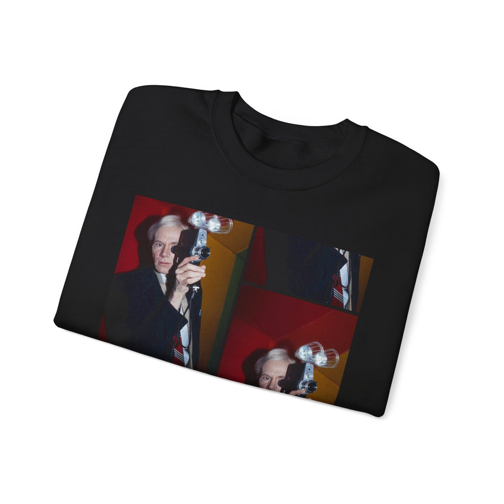 Crewneck Sweatshirt with Vintage Andy Warhol Camera Pop Art — Retro Photographer Portrait Design