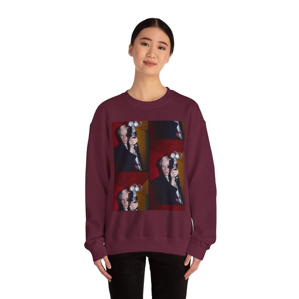 Crewneck Sweatshirt with Vintage Andy Warhol Camera Pop Art — Retro Photographer Portrait Design