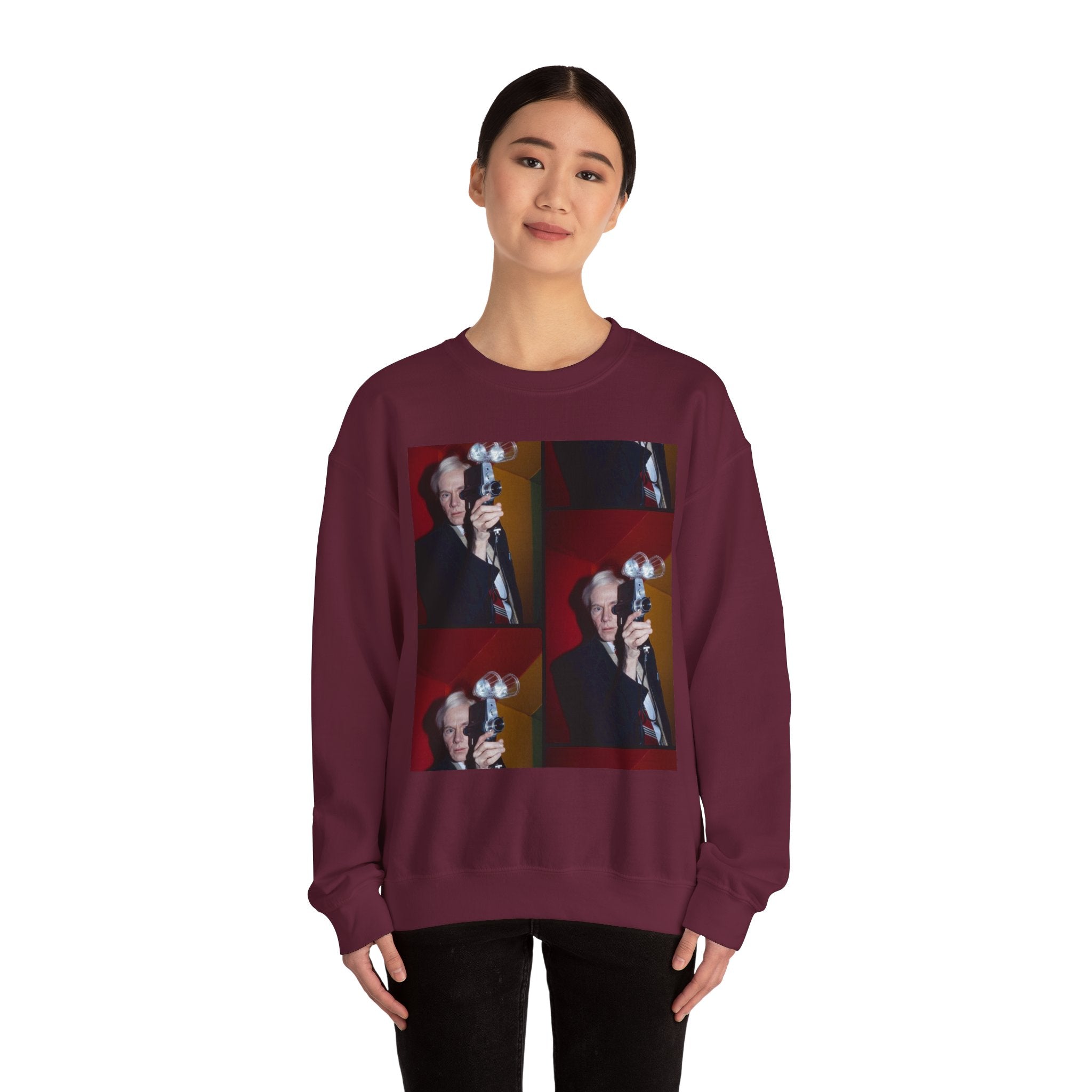 Crewneck Sweatshirt with Vintage Andy Warhol Camera Pop Art — Retro Photographer Portrait Design