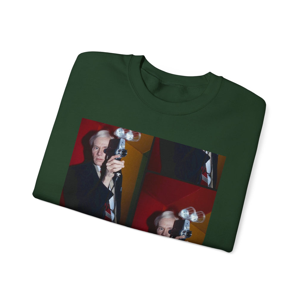 Crewneck Sweatshirt with Vintage Andy Warhol Camera Pop Art — Retro Photographer Portrait Design