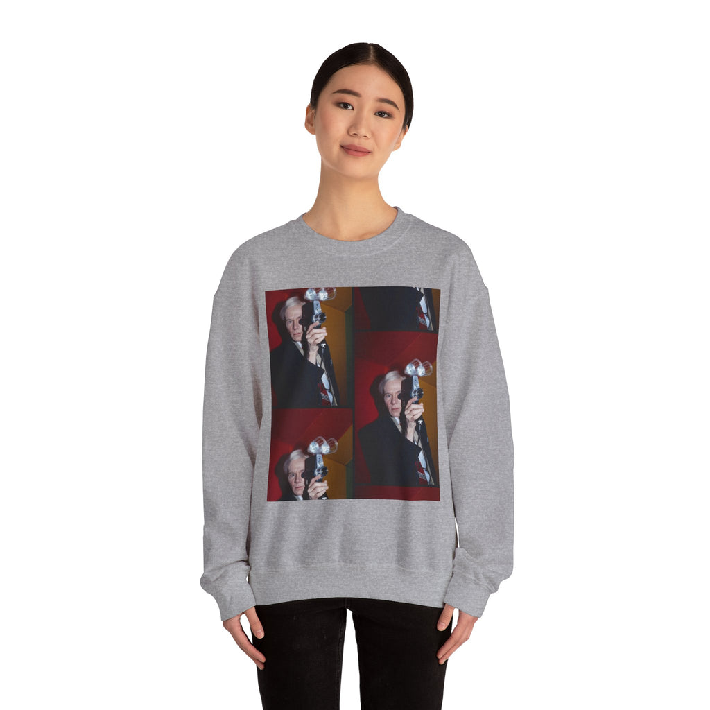 Crewneck Sweatshirt with Vintage Andy Warhol Camera Pop Art — Retro Photographer Portrait Design