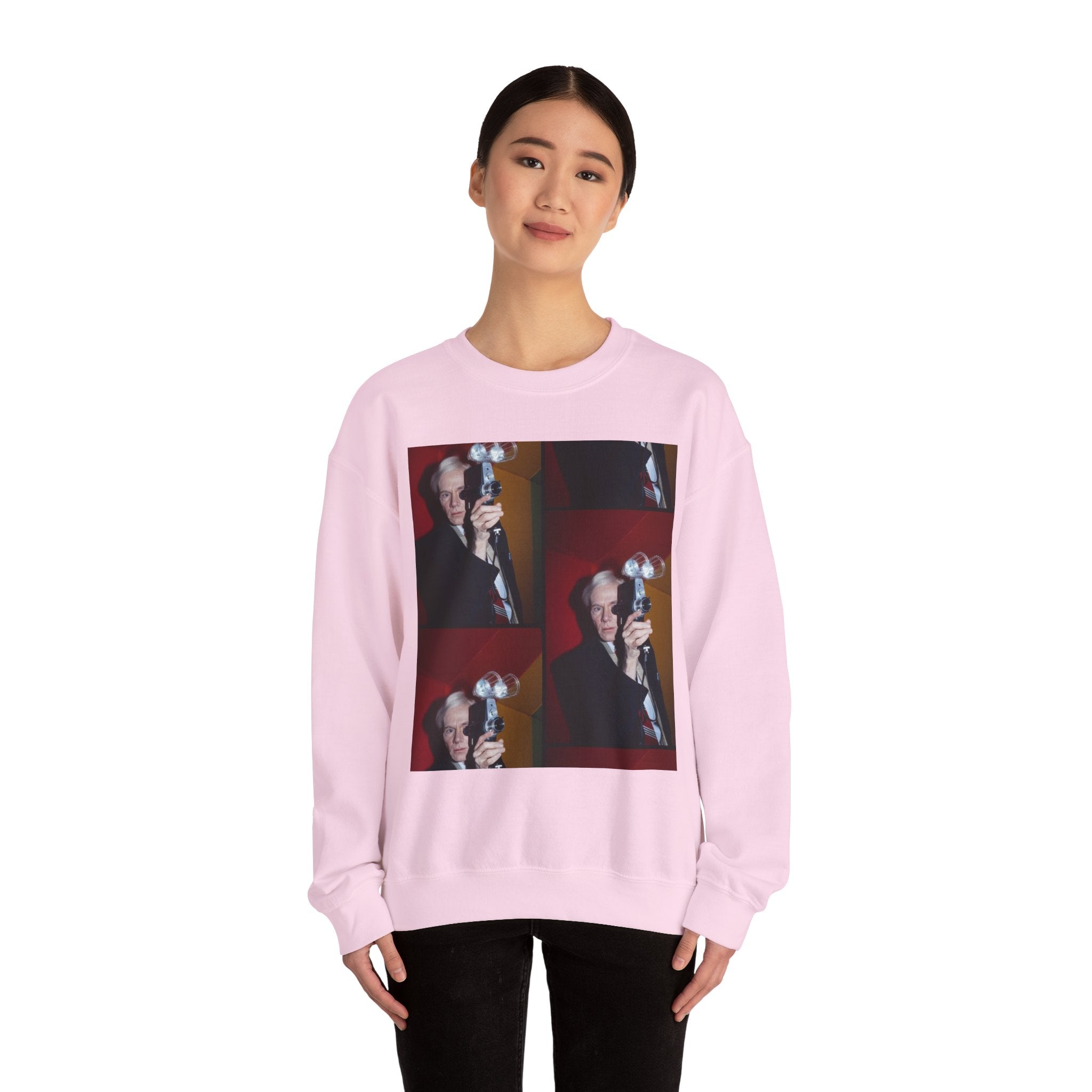 Crewneck Sweatshirt with Vintage Andy Warhol Camera Pop Art — Retro Photographer Portrait Design