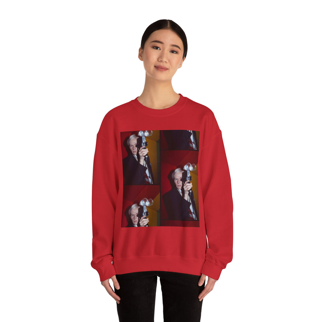 Crewneck Sweatshirt with Vintage Andy Warhol Camera Pop Art — Retro Photographer Portrait Design