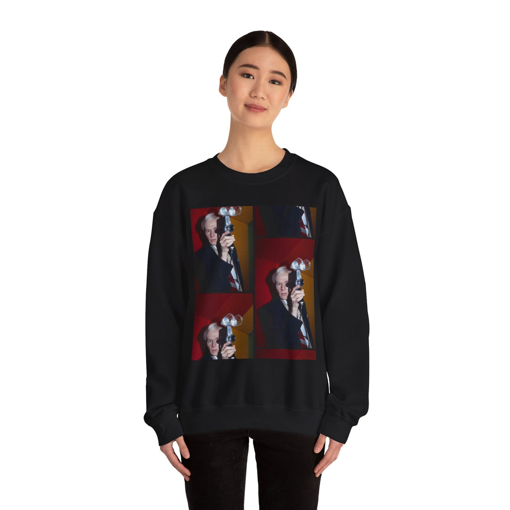 Crewneck Sweatshirt with Vintage Andy Warhol Camera Pop Art — Retro Photographer Portrait Design