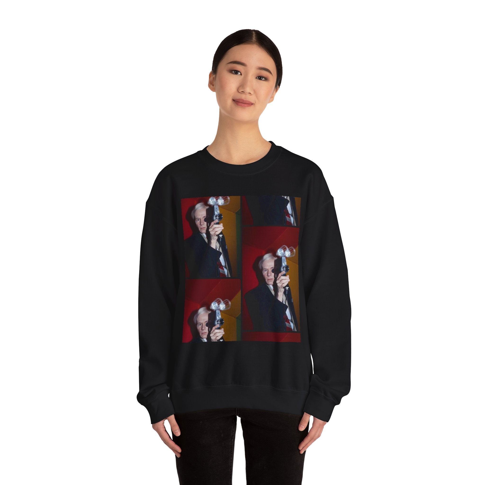 Crewneck Sweatshirt with Vintage Andy Warhol Camera Pop Art — Retro Photographer Portrait Design