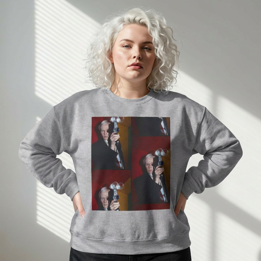 Crewneck Sweatshirt with Vintage Andy Warhol Camera Pop Art — Retro Photographer Portrait Design