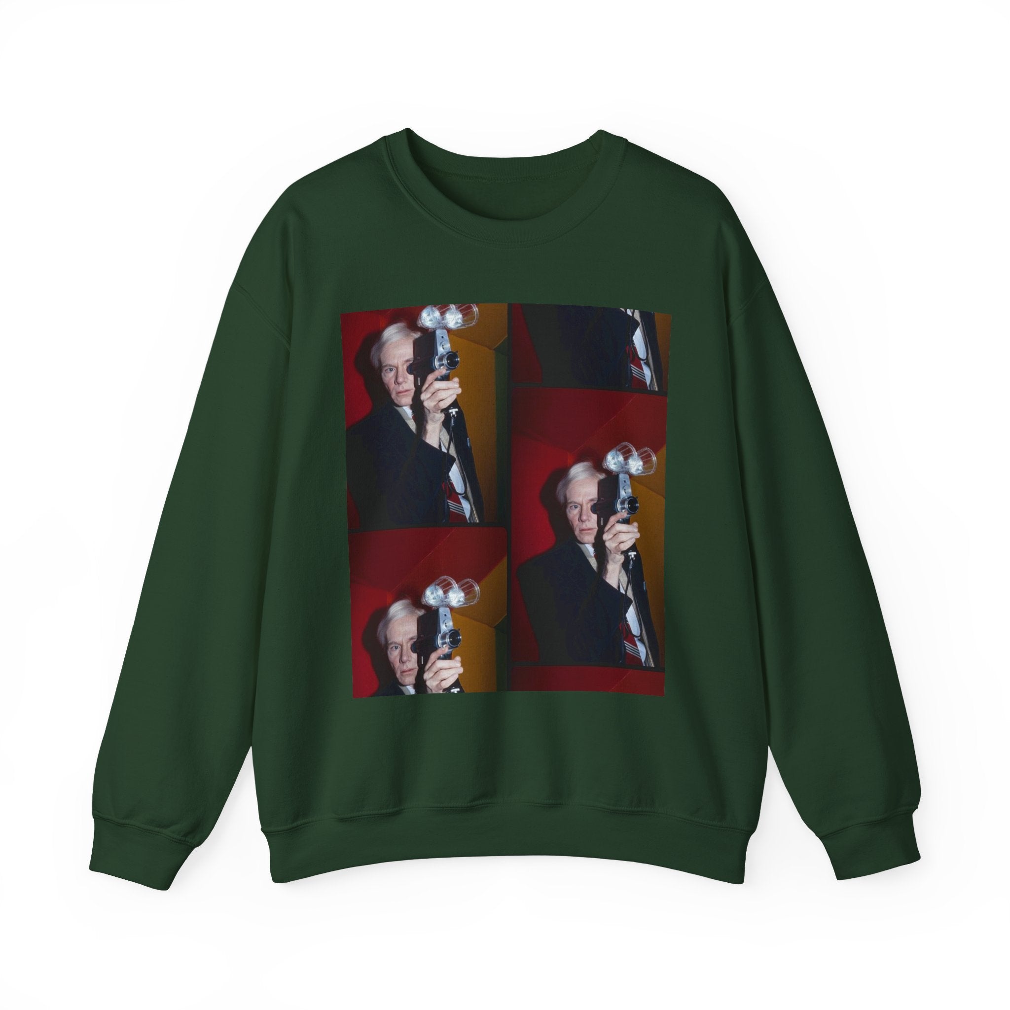 Crewneck Sweatshirt with Vintage Andy Warhol Camera Pop Art — Retro Photographer Portrait Design