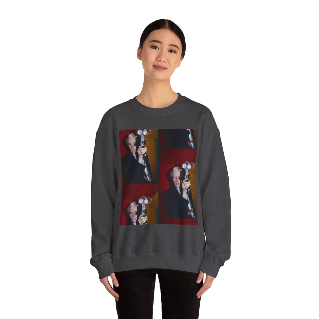Crewneck Sweatshirt with Vintage Andy Warhol Camera Pop Art — Retro Photographer Portrait Design