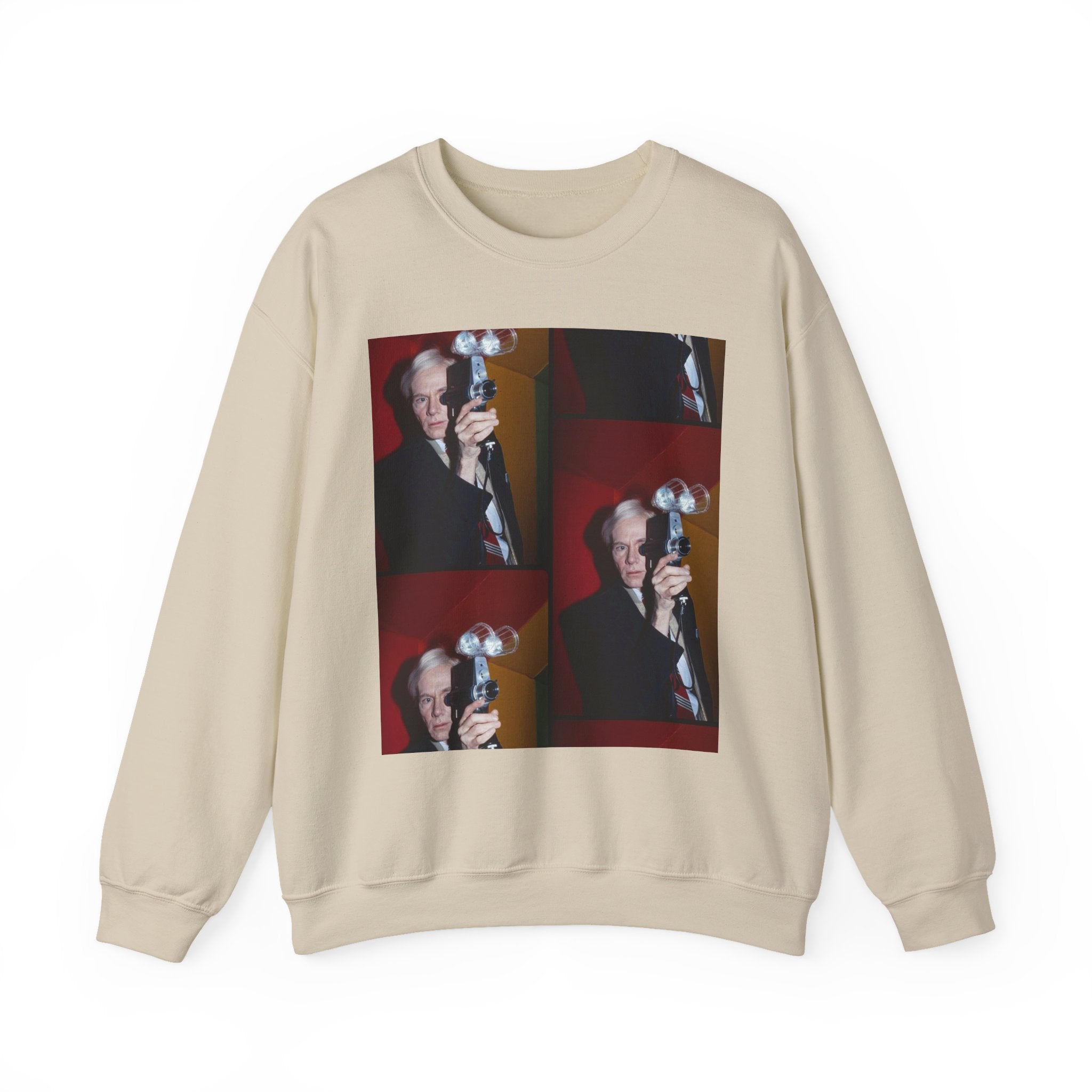 Crewneck Sweatshirt with Vintage Andy Warhol Camera Pop Art — Retro Photographer Portrait Design