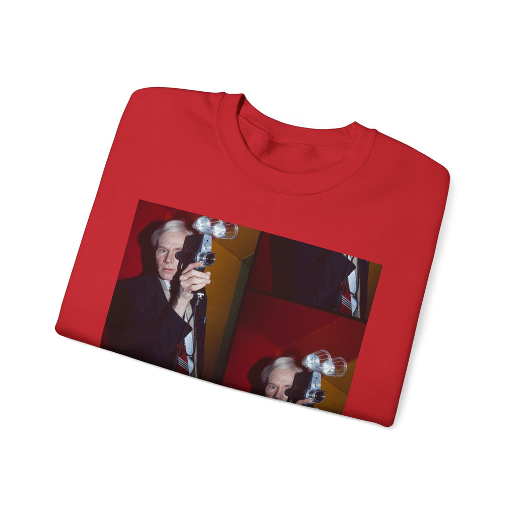 Crewneck Sweatshirt with Vintage Andy Warhol Camera Pop Art — Retro Photographer Portrait Design