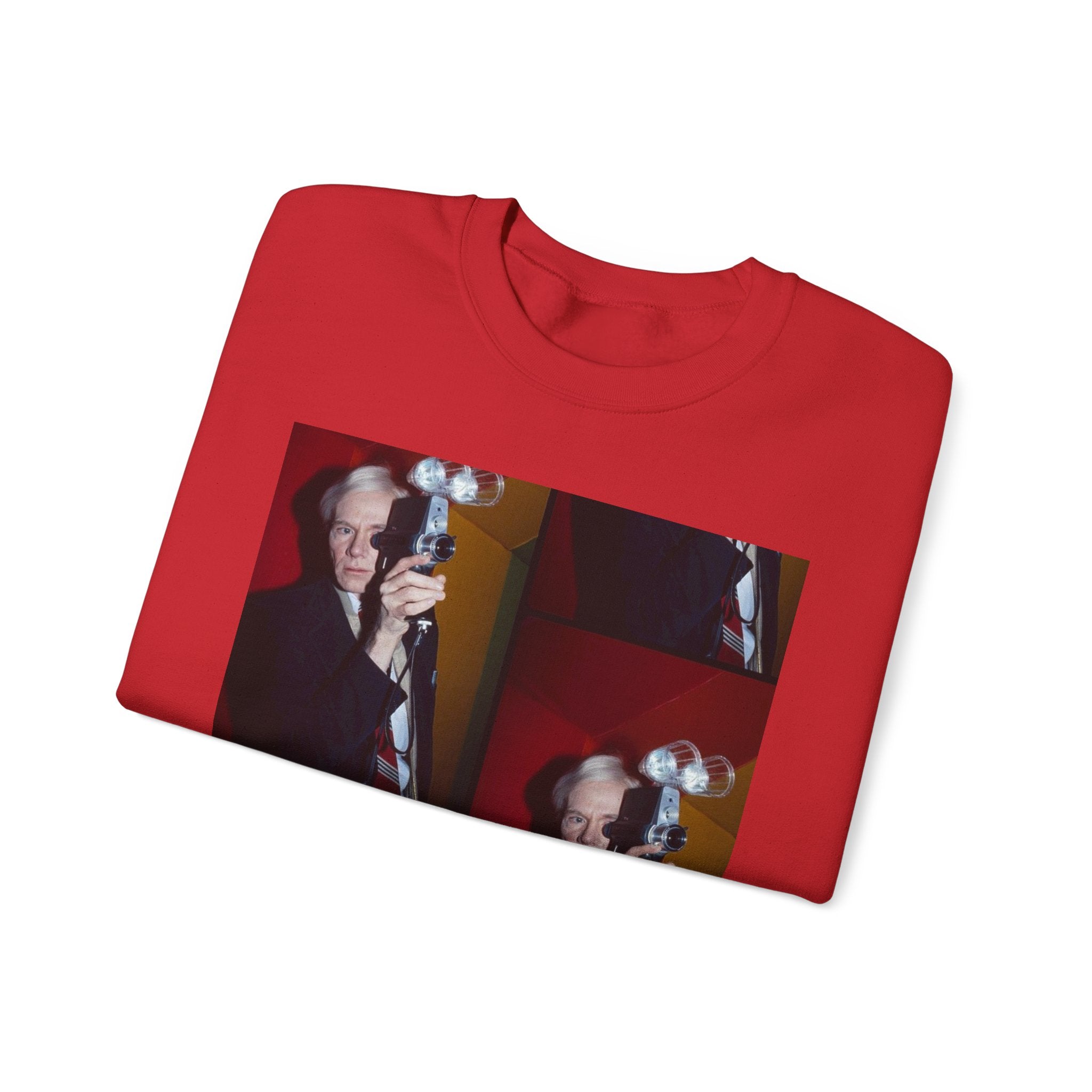 Crewneck Sweatshirt with Vintage Andy Warhol Camera Pop Art — Retro Photographer Portrait Design