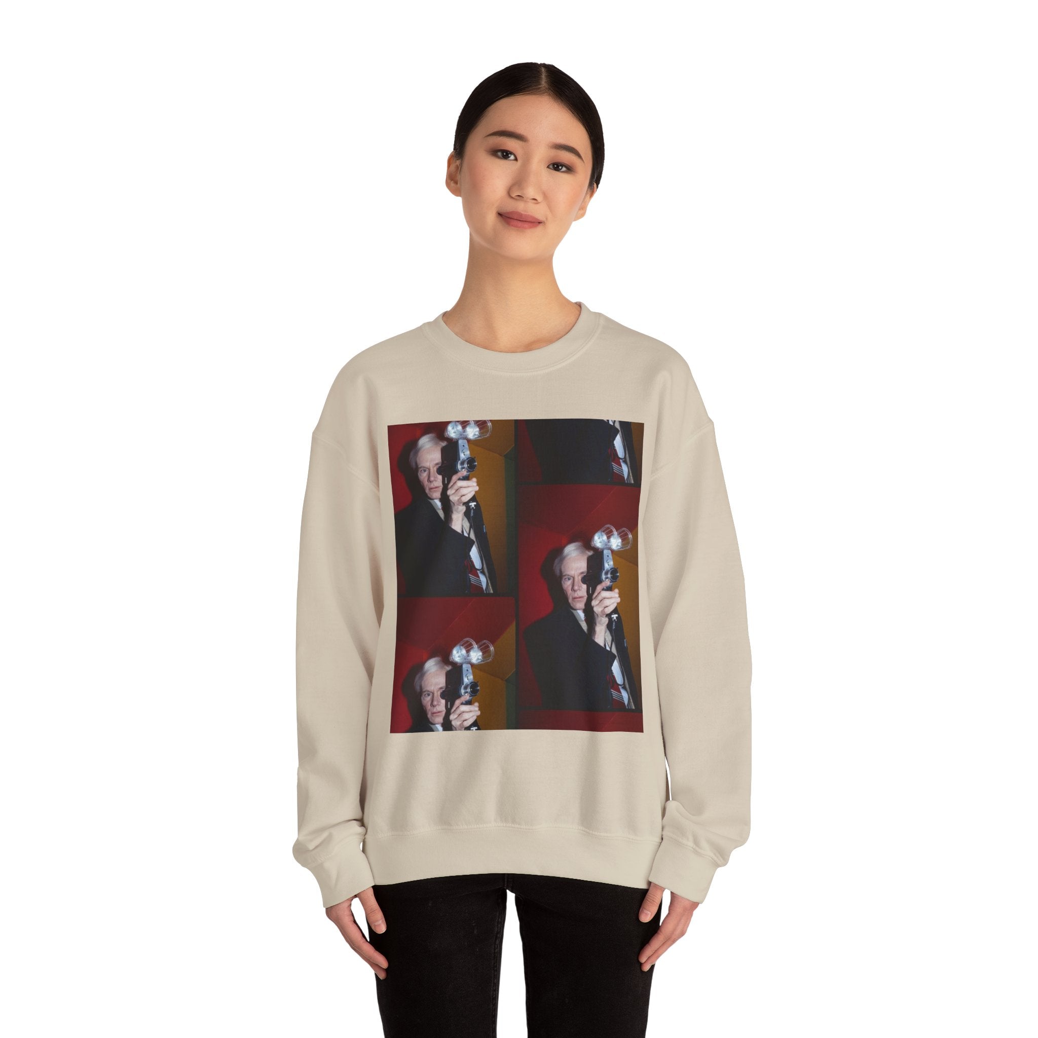 Crewneck Sweatshirt with Vintage Andy Warhol Camera Pop Art — Retro Photographer Portrait Design