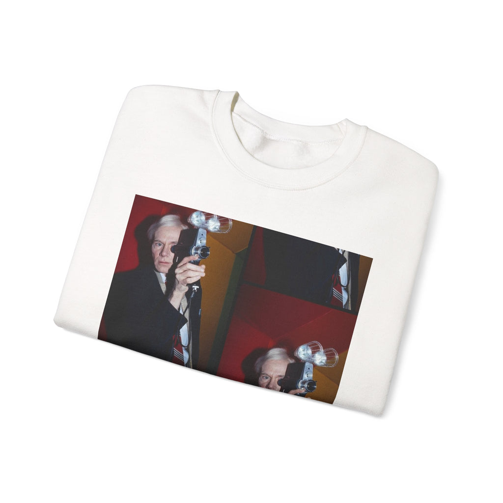 Crewneck Sweatshirt with Vintage Andy Warhol Camera Pop Art — Retro Photographer Portrait Design