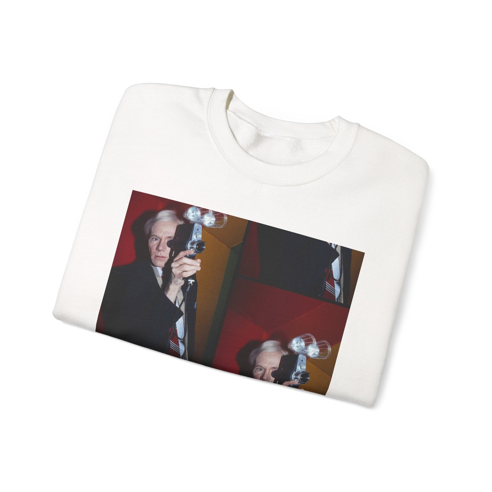 Crewneck Sweatshirt with Vintage Andy Warhol Camera Pop Art — Retro Photographer Portrait Design