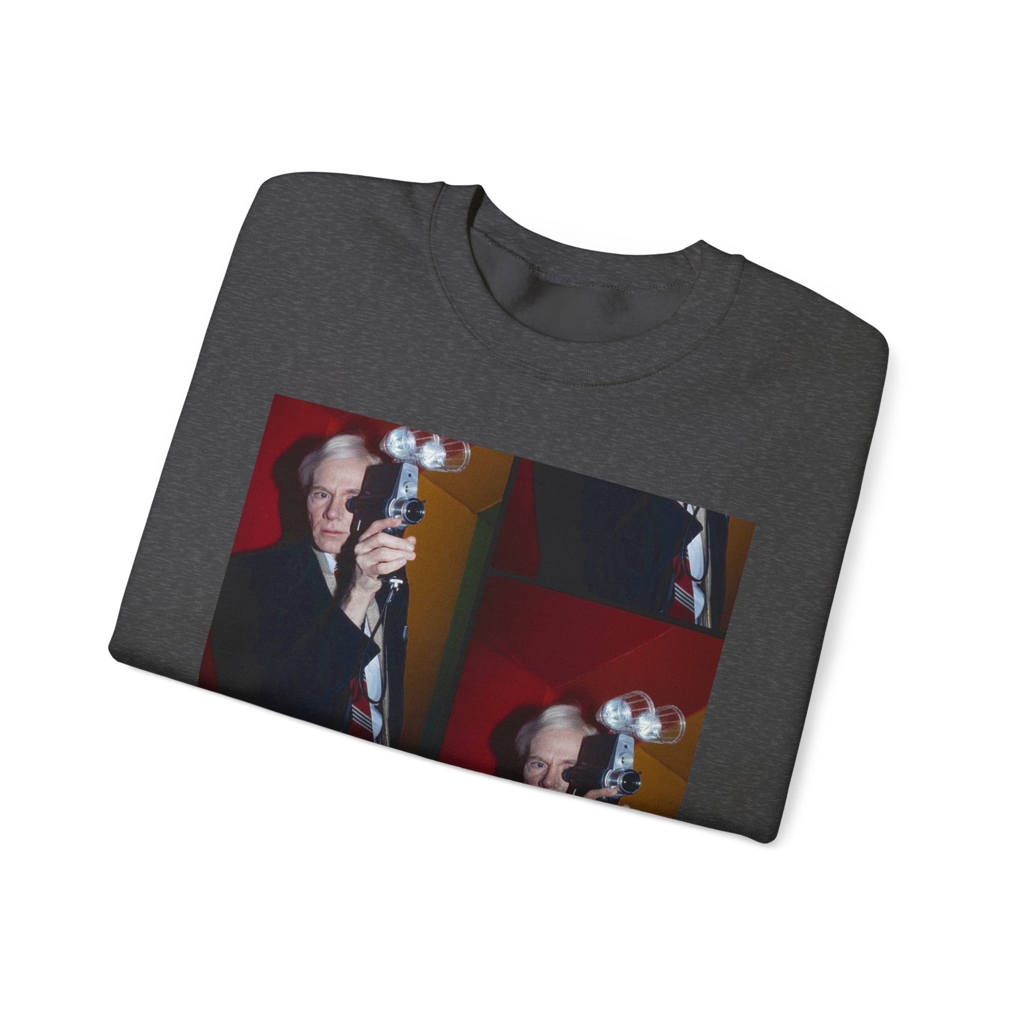 Crewneck Sweatshirt with Vintage Andy Warhol Camera Pop Art — Retro Photographer Portrait Design