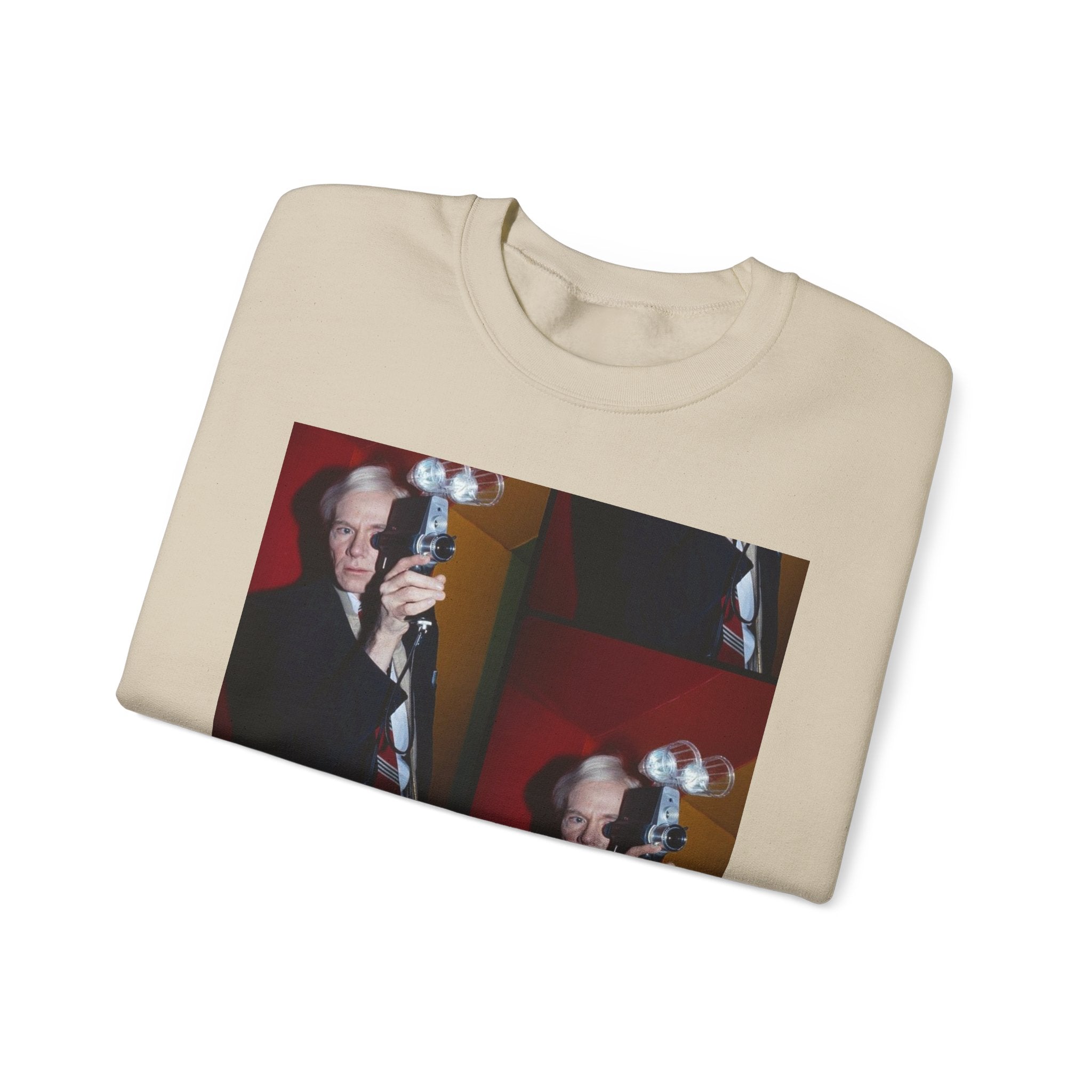 Crewneck Sweatshirt with Vintage Andy Warhol Camera Pop Art — Retro Photographer Portrait Design