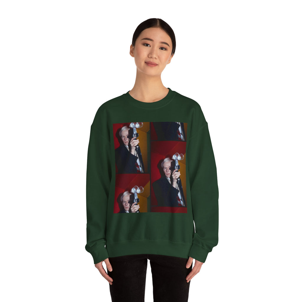 Crewneck Sweatshirt with Vintage Andy Warhol Camera Pop Art — Retro Photographer Portrait Design