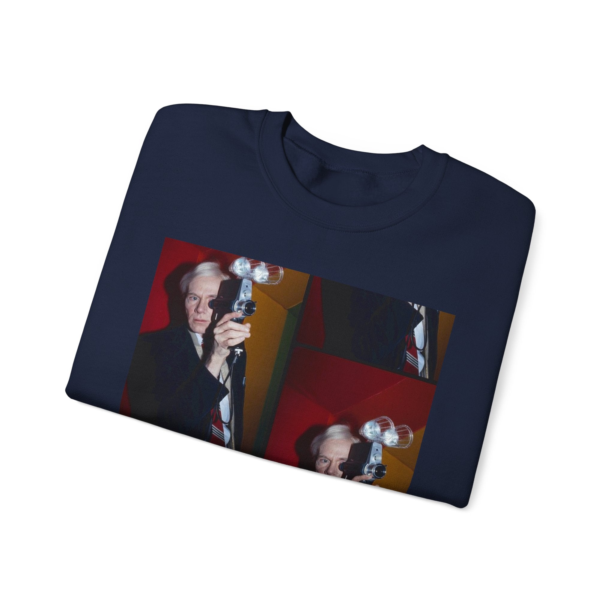 Crewneck Sweatshirt with Vintage Andy Warhol Camera Pop Art — Retro Photographer Portrait Design